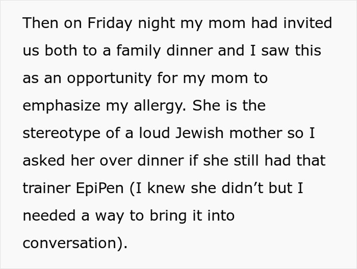 Woman's boyfriend forgets about her allergy; a text about a family dinner, an opportunity to emphasize the allergy. Woman's boyfriend forgets about her allergy; a text about a family dinner, an opportunity to emphasize the allergy.