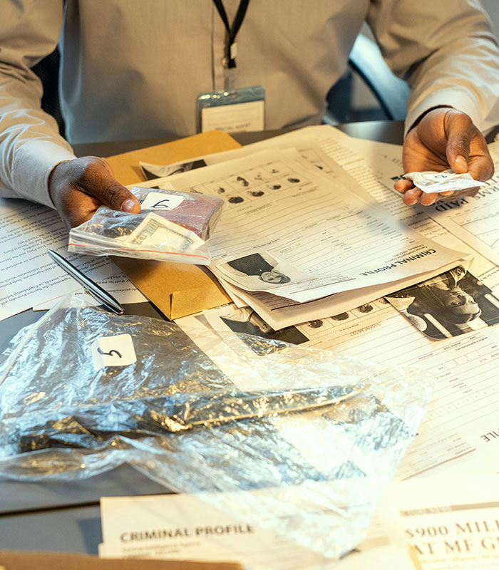 Hands holding evidence bags over criminal profile documents, as investigators try to explain the car crash.