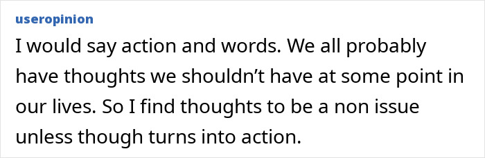 A useropinion comment about actions and words being cheating, but not thoughts unless they turn into action.