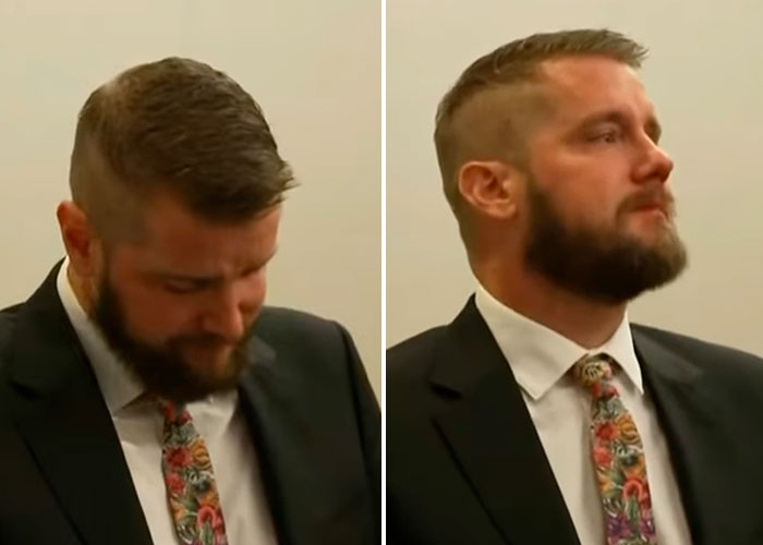Two close-up images of a man in a suit with a floral tie, looking downcast and then composed, related to the drunk woman and wedding day. Two close-up images of a man in a suit with a floral tie, looking downcast and then composed, related to the drunk woman and wedding day.