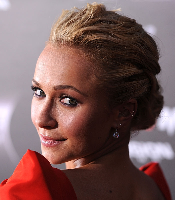 Hayden Panettiere glancing over her shoulder with an elegant updo, wearing a red gown and dangling earrings. Hayden Panettiere glancing over her shoulder with an elegant updo, wearing a red gown and dangling earrings.