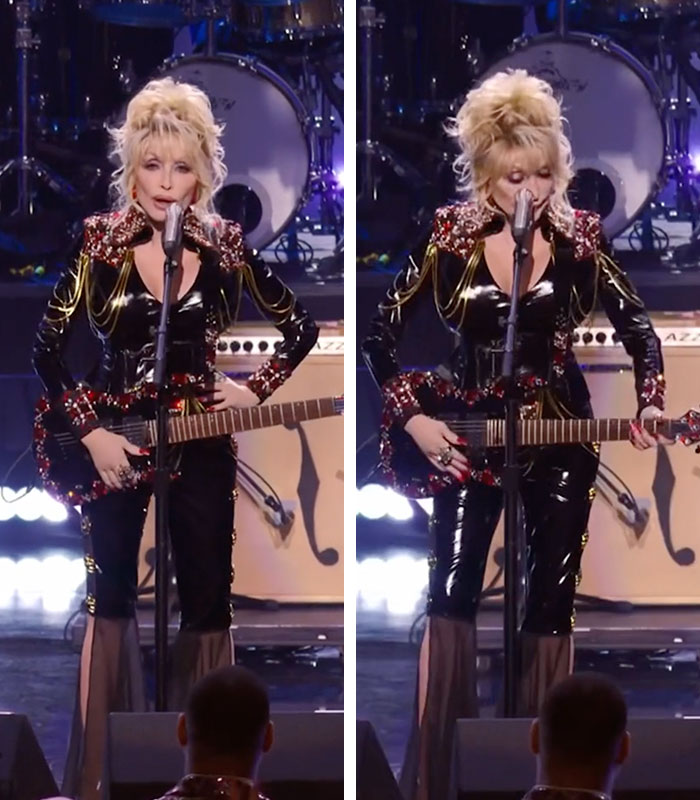Dolly Parton performing live, wearing gloves that conceal her tattooed hands while playing guitar. Dolly Parton performing live, wearing gloves that conceal her tattooed hands while playing guitar.