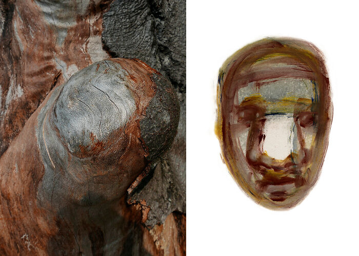 A dual image from the minimalist photography awards, featuring sand flowing down a dark cliff and a stone head bound with wire.