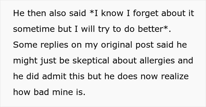 Woman's boyfriend forgets about her allergy; a text detailing his admission to forgetting and realizing her allergy's severity. Woman's boyfriend forgets about her allergy; a text detailing his admission to forgetting and realizing her allergy's severity.