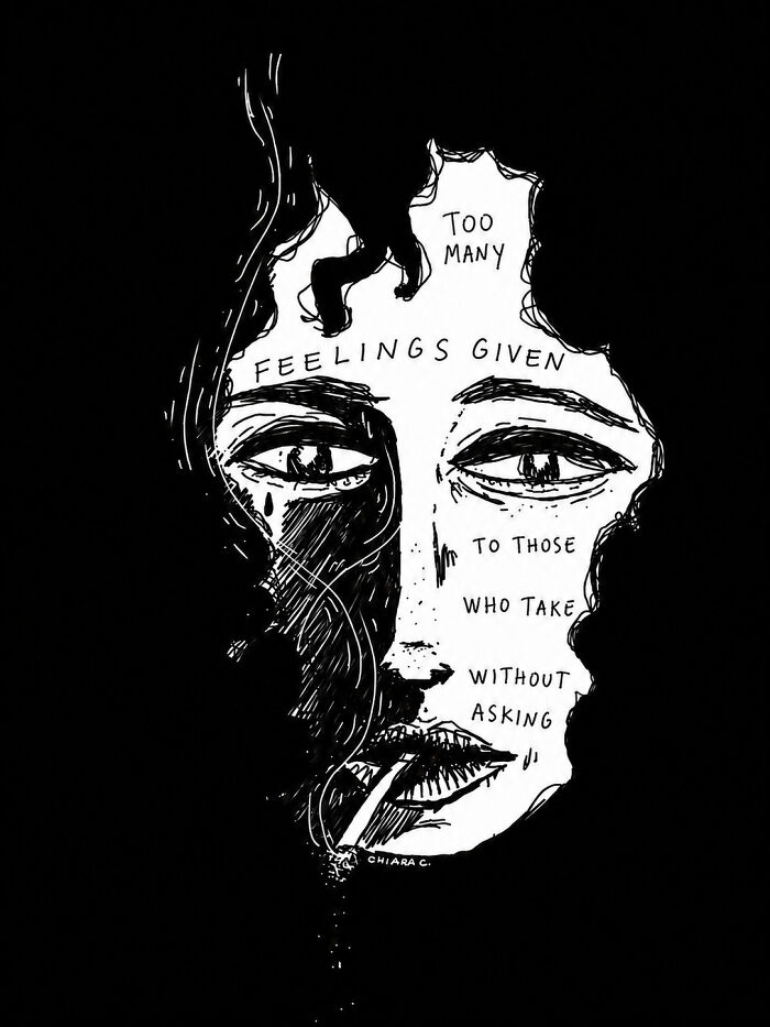 A woman's black and white illustration of a face with a cigarette, showcasing emotions in modern society.