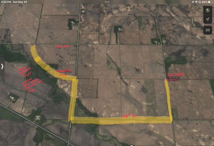 Aerial map showing the location where a car crashed into a ditch, highlighting an unexplained discovery.