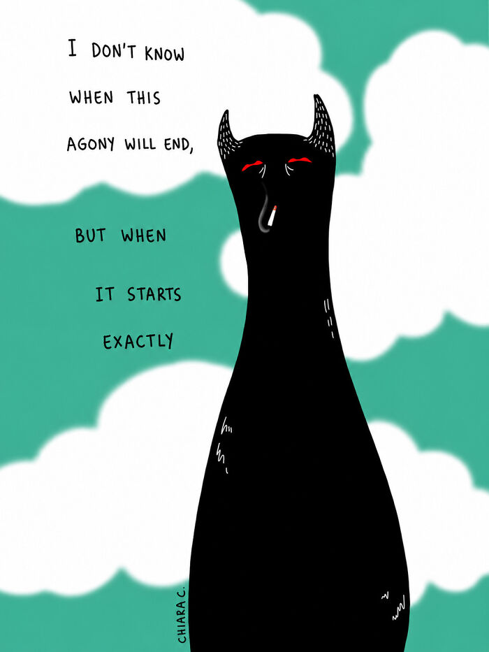 Illustration of a black, devil-like figure with red eyes smoking, representing the struggles of modern society.