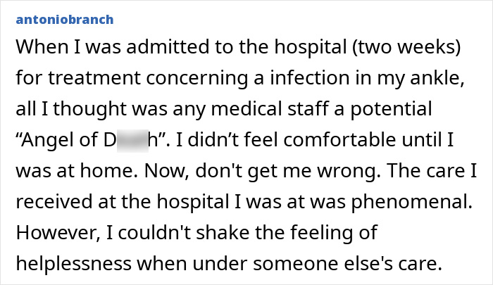 A comment about a patient's discomfort in a hospital, relating to a nurse's aide horrific crimes. A comment about a patient's discomfort in a hospital, relating to a nurse's aide horrific crimes.