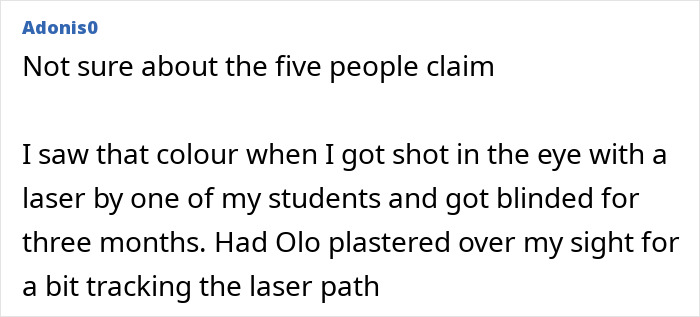 A comment from Adonis0 discussing seeing the new color Olo after a laser incident, questioning the exclusivity claim.