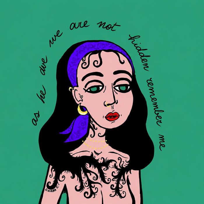 Illustration of a woman with tattoos and a purple headscarf, looking directly forward, depicting modern society.