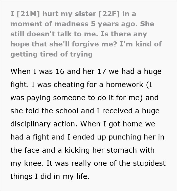 Screenshot of text detailing a guy's violent fight with sister, describing punching her as a teen, impacting his family.