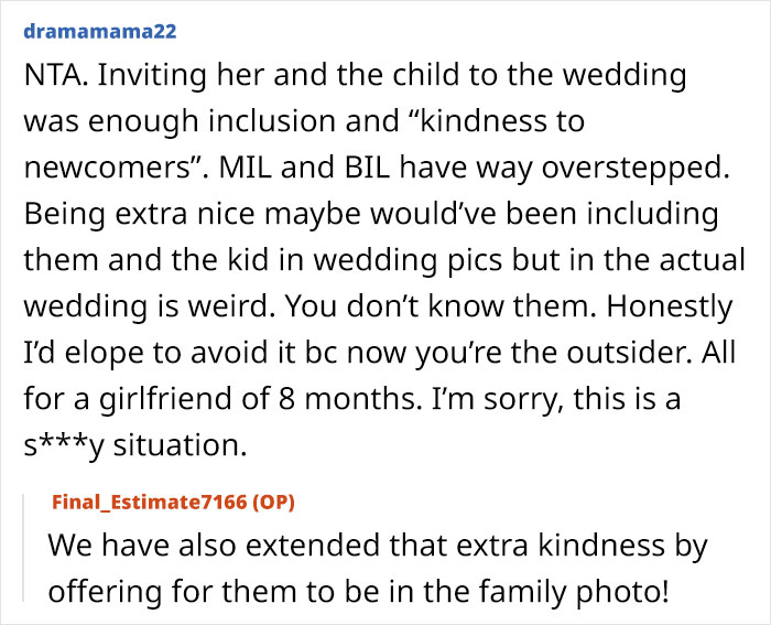 Reddit comment on wedding dispute, asserting that the in-laws' request created family conflict and they overstepped. Reddit comment on wedding dispute, asserting that the in-laws' request created family conflict and they overstepped.