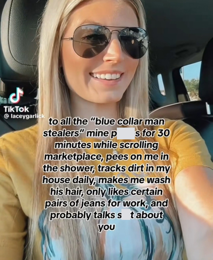 A woman on TikTok sharing humorous details about her blue-collar husband A woman on TikTok sharing humorous details about her blue-collar husband