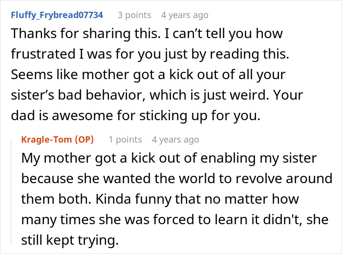 A Reddit comment expresses frustration over an enabling mom's behavior with her spoiled sister. A Reddit comment expresses frustration over an enabling mom's behavior with her spoiled sister.