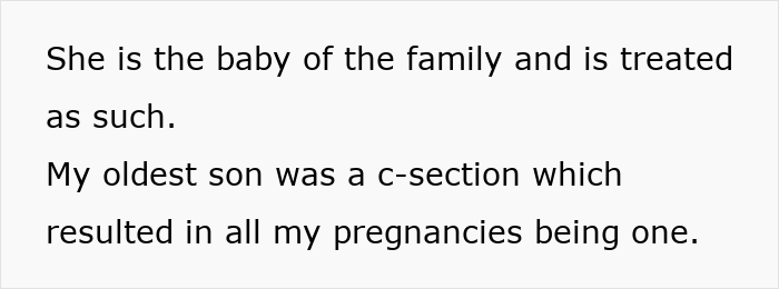Text explaining a mother's pregnancies were C-sections, impacting the birthday of the grandson. Text explaining a mother's pregnancies were C-sections, impacting the birthday of the grandson.