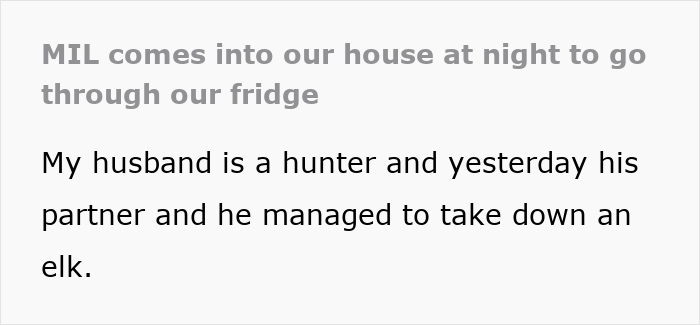 Screenshot of text detailing a hunter's mom raiding the kitchen for meat. This is about a hunter's mom wanting meat. Screenshot of text detailing a hunter's mom raiding the kitchen for meat. This is about a hunter's mom wanting meat.