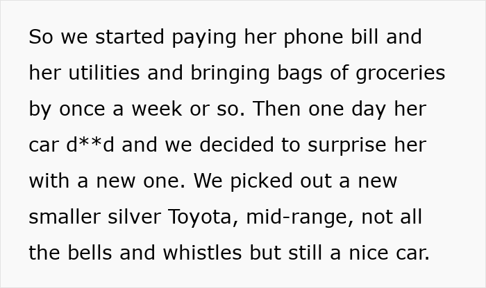 Screenshot of text describing how the son paid his mom's bills and bought her a new car, highlighting the selfish mom's expectations. Screenshot of text describing how the son paid his mom's bills and bought her a new car, highlighting the selfish mom's expectations.