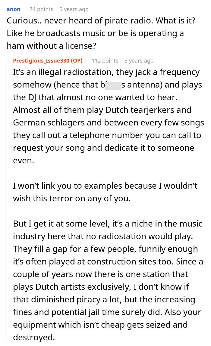 Reddit comment explaining pirate radio, rude neighbor, and illegal antenna disturbing new parents. Reddit comment explaining pirate radio, rude neighbor, and illegal antenna disturbing new parents.