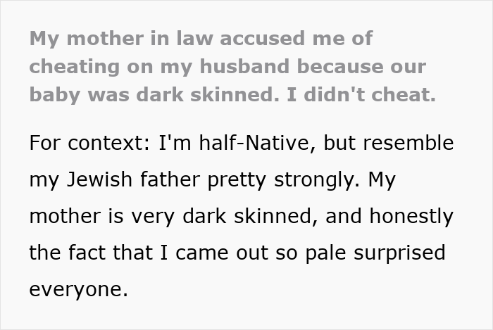 Screenshot of text about a MIL's outrageous accusations regarding a baby's skin color.