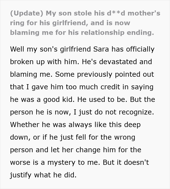 An update about the son who stole a family heirloom to propose, now blaming his dad for his broken relationship. An update about the son who stole a family heirloom to propose, now blaming his dad for his broken relationship.