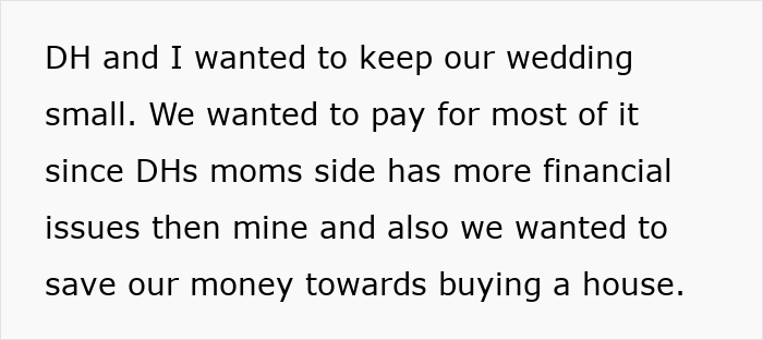 Screenshot of text about the bride and groom wanting a small wedding to save money and the MIL's financial issues. Screenshot of text about the bride and groom wanting a small wedding to save money and the MIL's financial issues.