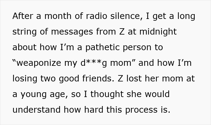 A screenshot of text messages detailing hurtful messages and a friendship ending. A screenshot of text messages detailing hurtful messages and a friendship ending.