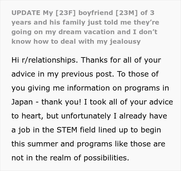 An update post from a woman about her boyfriend's family's cruel plan to go on her dream vacation. An update post from a woman about her boyfriend's family's cruel plan to go on her dream vacation.