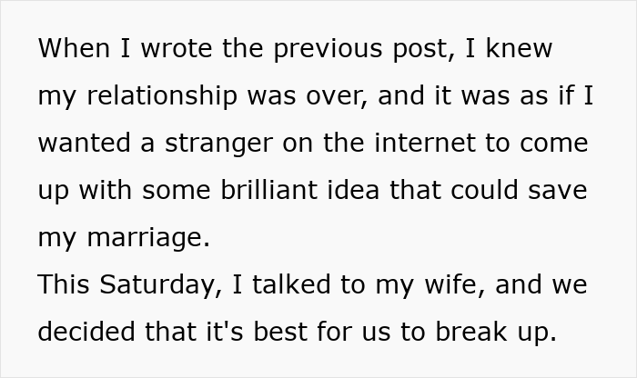 A post about a man questioning marriage, revealing he and his wife decided to break up due to their shocking beliefs.