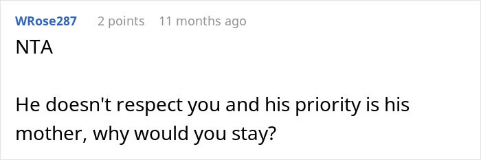 A comment advises a woman to leave her husband because his mom controls their marriage and he doesn't respect her. A comment advises a woman to leave her husband because his mom controls their marriage and he doesn't respect her.