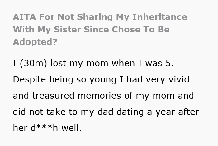 Screenshot of text about a brother refusing to share inheritance with his adopted sister. Screenshot of text about a brother refusing to share inheritance with his adopted sister.