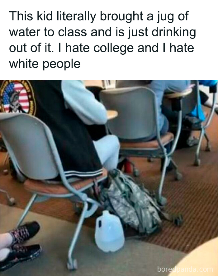 A college student with a large water jug in class, an unhinged thing someone shared.