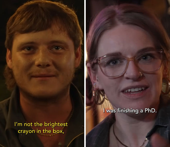 A split image comparing a working class man saying I'm not the brightest and a PhD woman saying I was finishing a PhD.