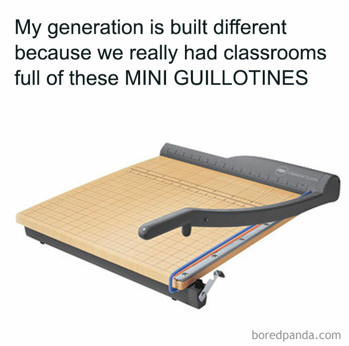 A paper cutter or mini guillotine, a common classroom tool kids today will never experience.