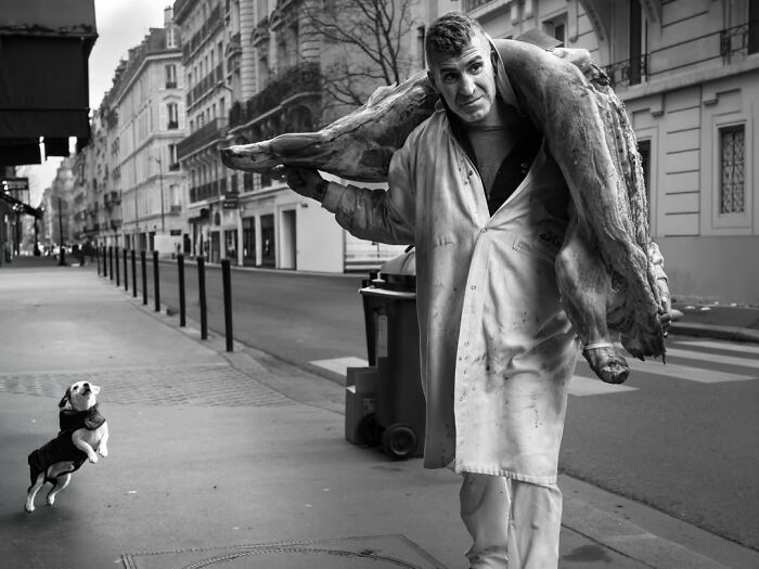 A perfectly timed street photo in Paris shows a man carrying a large piece of meat while a small dog looks on, a captivating Paris scene.