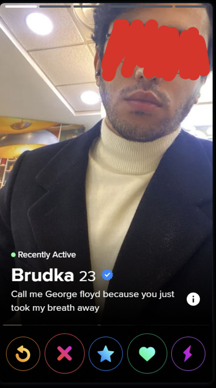 Screenshot of an online dating profile with a highly inappropriate and cringey pickup line, a wild online dating example.