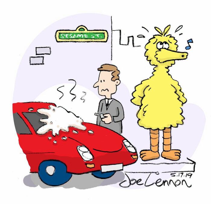 A Joe Lennon comic showing Big Bird looking guilty while a man stares at bird droppings on his red car, representing life's tiny awkward moments.