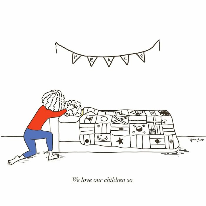 A parenting cartoonist depicts a mom tucking a child into bed, with a banner spelling PEACE above, illustrating relatable comics.