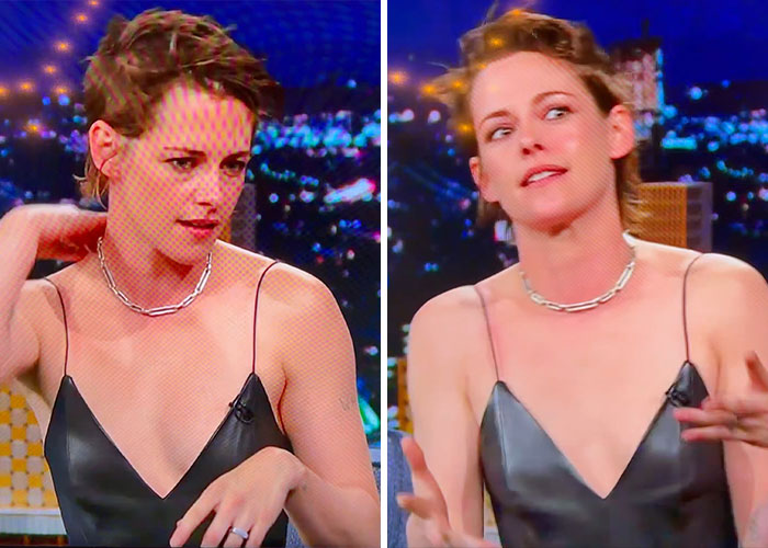 Kristen Stewart's unsettling appearance on Jimmy Fallon Show, close-up split images showing expressions.