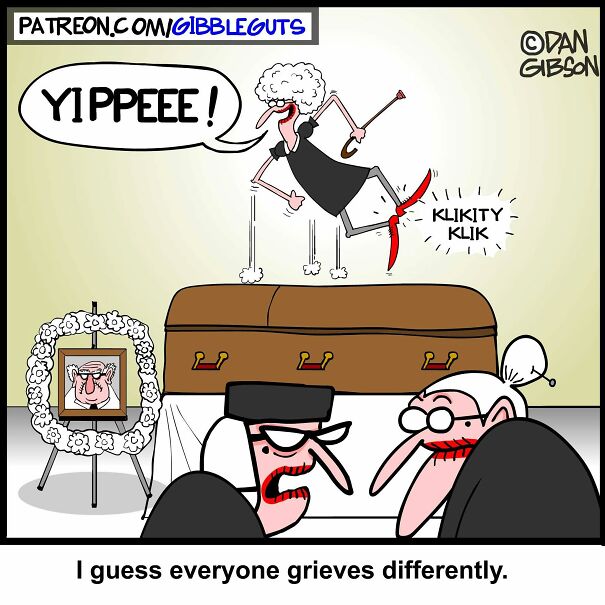Hilarious one-panel comic by Dan Gibson shows an old woman dancing on a coffin at a funeral, proving growing older does not mean growing up.