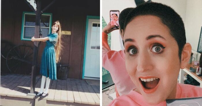 A split image showing a young woman with long hair on the left, and on the right, the same person with short hair, smiling. This image relates to cults and ADHD.