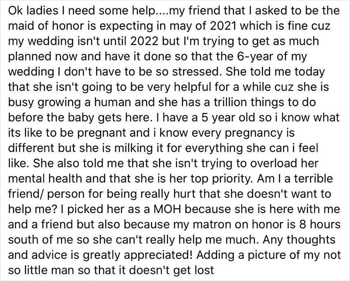 A screenshot of a social media post from a bride, asking for help because her pregnant maid of honor is unhelpful with wedding planning, causing a potential wedding nightmare.