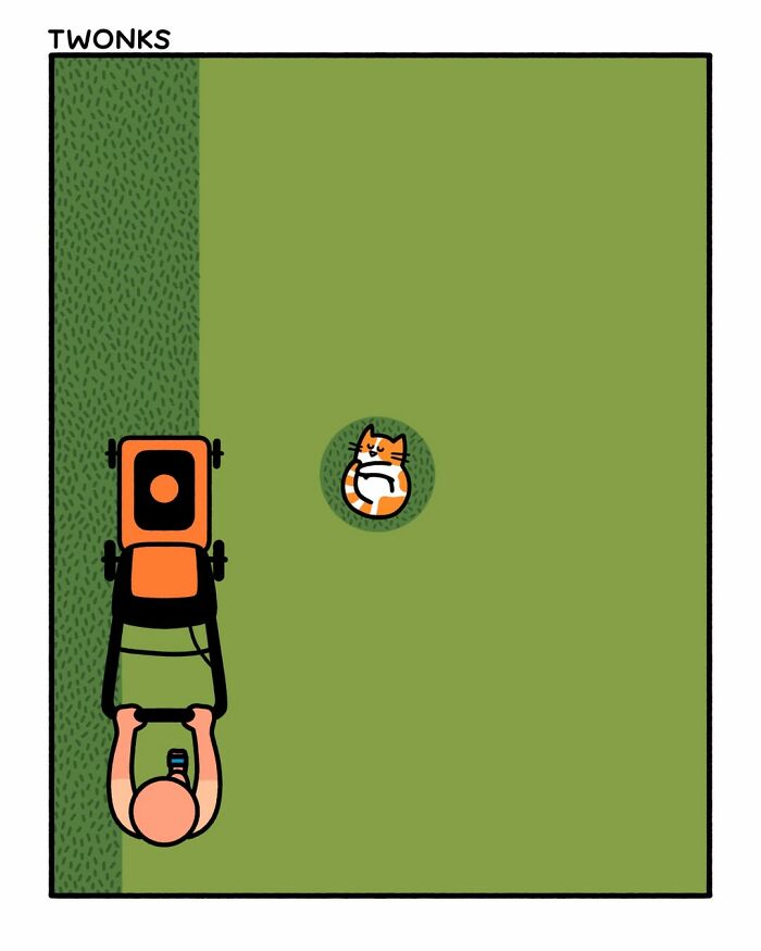 Absurd cat comic by Steve Nelson: a person mows a lawn, leaving a perfect circle of uncut grass around an orange cat.