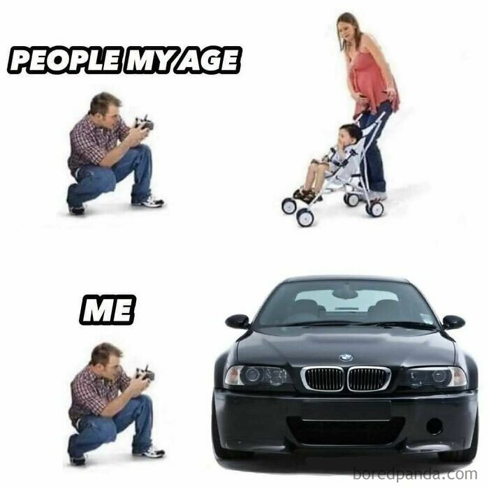 Funny car meme comparing life stages: one person with a baby and stroller, the other with a black car.