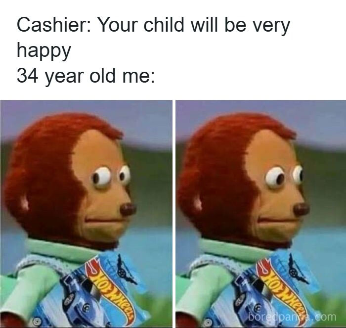 A funny meme with a monkey puppet looking away awkwardly while holding Hot Wheels cars.