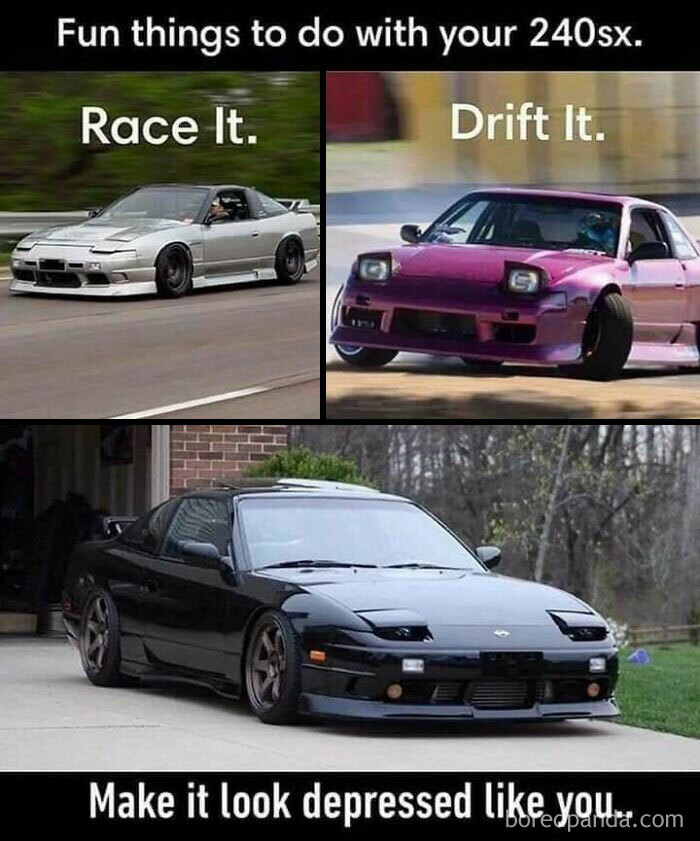 A funny meme showing three panels of cars with text, detailing ways to enjoy cars, including racing and drifting, for funny memes.
