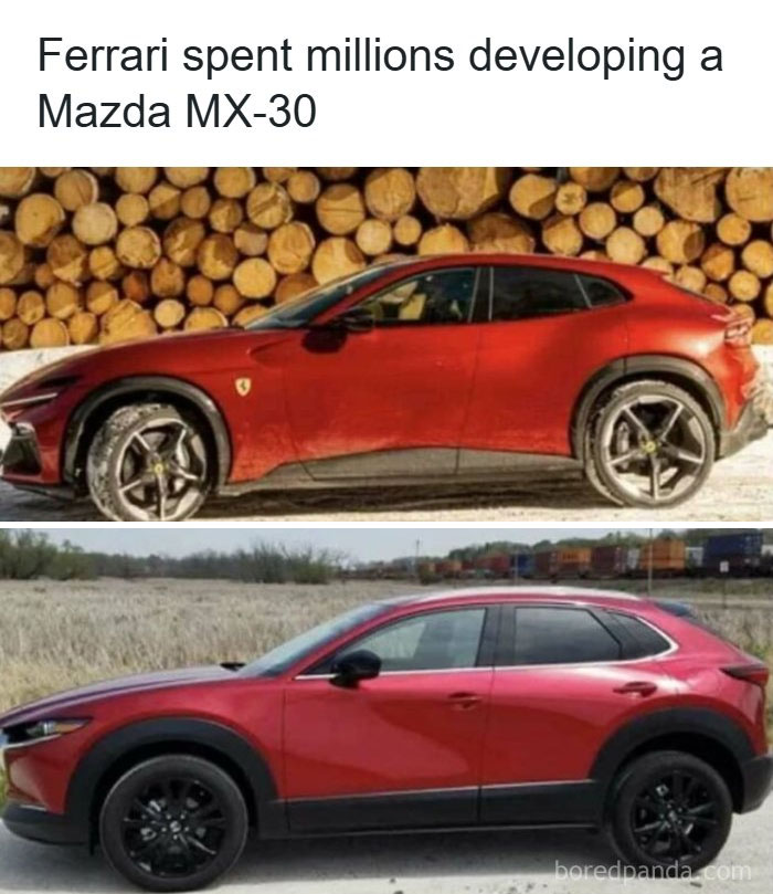 Funny car meme comparing a Ferrari and a Mazda MX-30, highlighting the similarities between the cars.