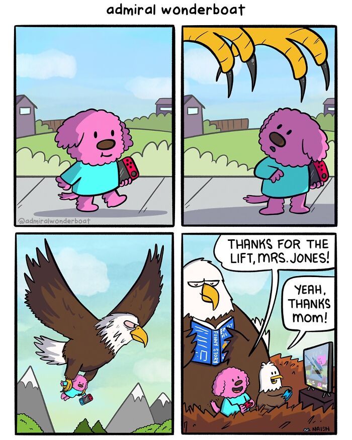 Funny comic by Admiral Wonderboat, a pink dog playing a video game, getting a lift from an eagle.