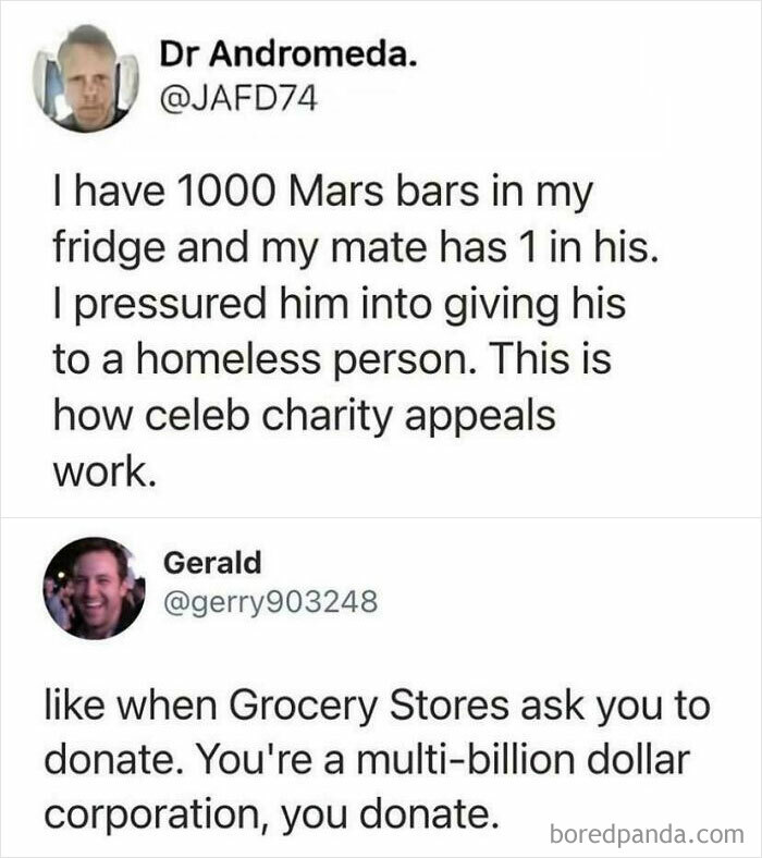 A compilation of random jokes on Twitter, featuring posts about charity appeals and grocery store donations.
