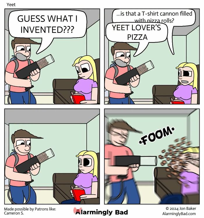 Humorous and unpredictable Jon Baker comic where a man invents a T-shirt cannon filled with pizza rolls.