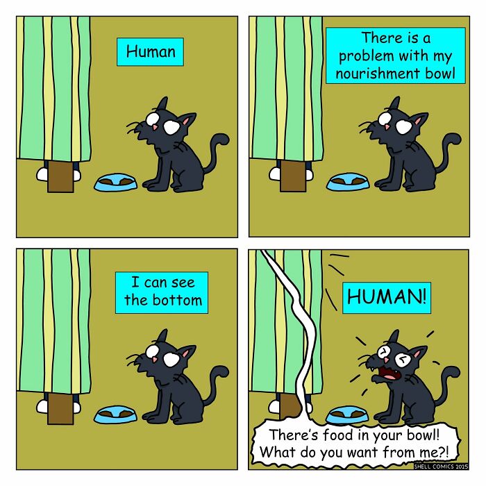 A comic of a cat demanding more food, stating a problem with their nourishment bowl. Relatable comics humor.